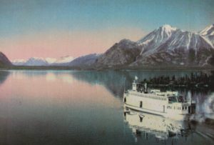 An early postcard showing the MV Tarahne on Atlin Lake