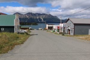 Historic buildings with Atlin Mountain in the background