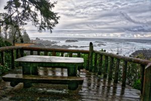Picnic table on wild pacific trail overlooking Big Beach