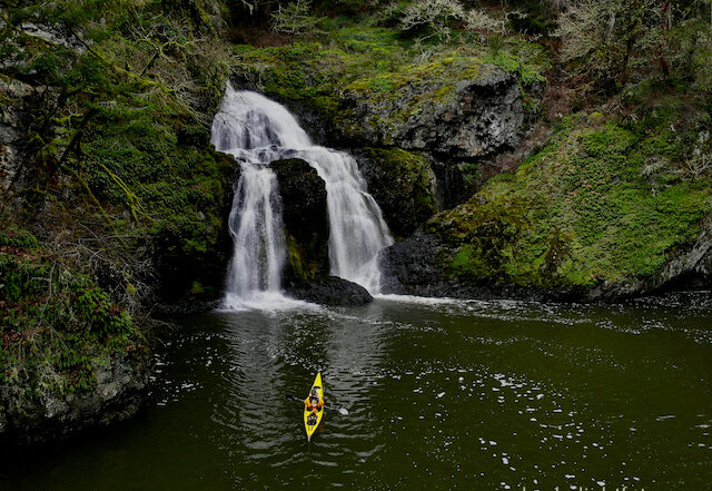 Aerial view of kayak at Sitting Lady Falls in Witty's Lagoon Park